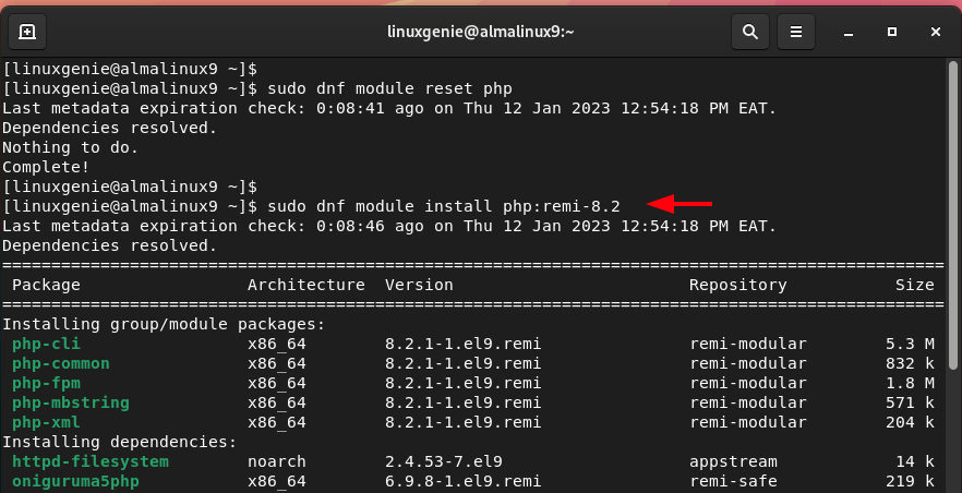 enable PHP 8.2 Remi module on AlmaLinux